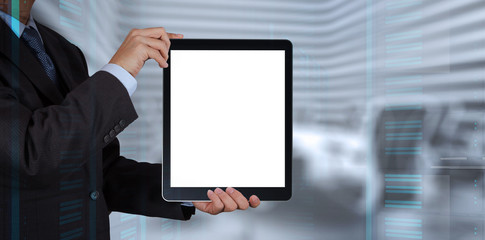 businessman success working with blank tablet computer his board