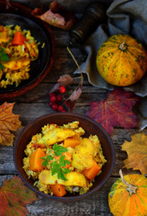 rice curry with fried fish and pumpkin