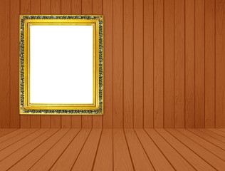blank golden frame in room with white wood wall and wood floor