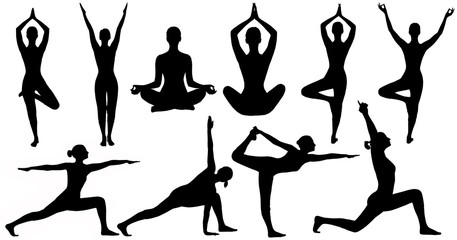 Yoga Poses Woman Silhouette, Set Isolated Over White Background - 71559544