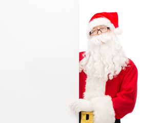 man in costume of santa claus with billboard