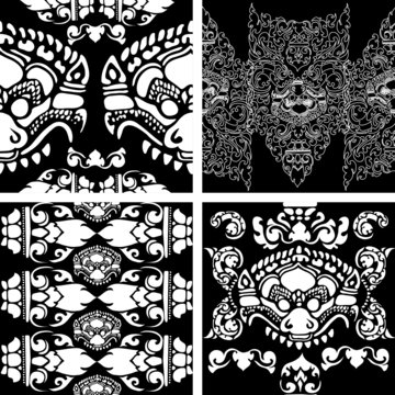 Vector seamless black and white Cambodian floral pattern