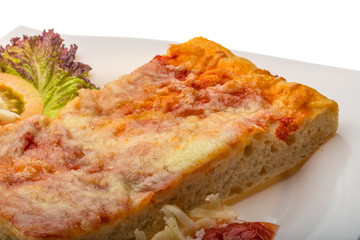 Pizza with tomato sauce and mozarella