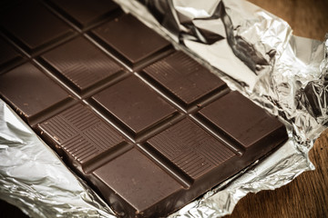 Dark chocolate bar in opened foil wrapping.