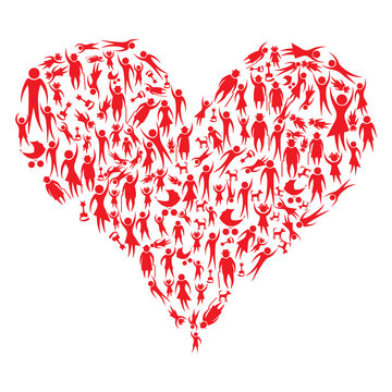 Group Of Red People And Pets Forming A Big Heart