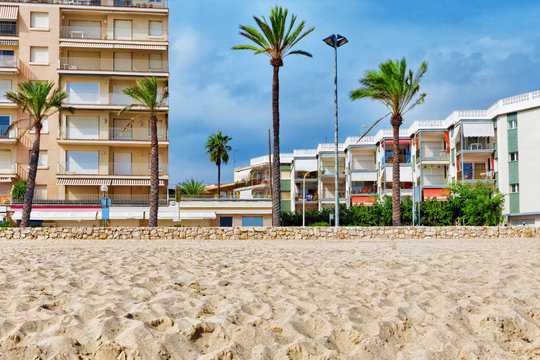Seafront, beach,coast in Spain. Suburb of Barcelona, Catalonia