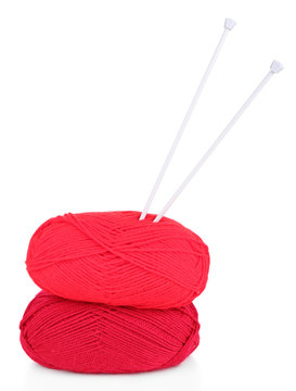 Knitting yarn with knitting needles, isolated on white
