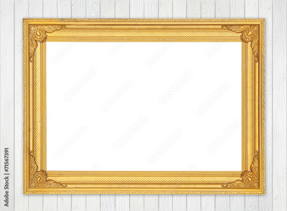 Poster blank golden frame on wood wall