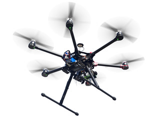 Flying drone with spinning props isolated on white with path © Alexander Kolomietz