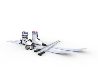 Skis with ski boots on white background