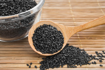 Black sesame on wooden spoon