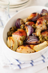 Roasted Chicken Legs (Drumsticks) with Onions and Green Oives