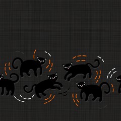 czarne koty halloween poziomy border na ciemnym tle