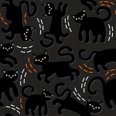 czarne koty halloween deseń na ciemnym tle - obrazy, fototapety, plakaty