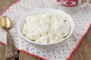 Cottage Cheese (Quark, Cream Cheese, Curd) in a White Bowl
