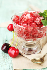 Closeup of cherry granita in glass bowl,