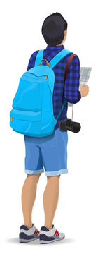 Vector illustration. Tourist with a backpack looking at map