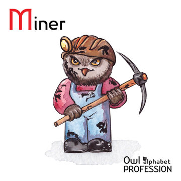 Alphabet professions Owl Letter M - Miner character Vector