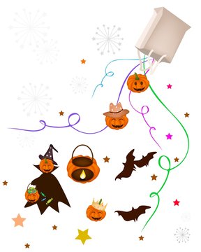 Various Halloween Item and Evil Falling From Paper Bag