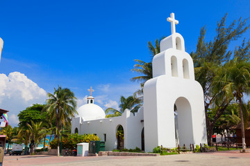 Typical white Mexican church in Playa del Carmen, Mexico