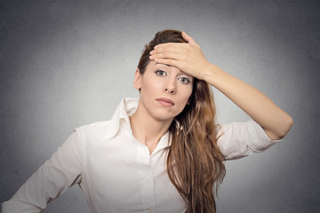 Naklejka premium question headache doubt woman with tired of life face expression