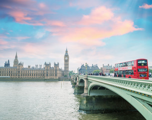 London, England. Double Decker bus crossing Westminster Bridge - obrazy, fototapety, plakaty