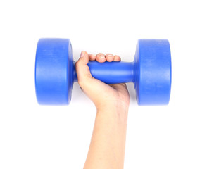 hand with blue dumbbell on a white