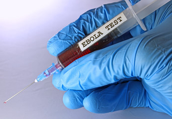 Naklejka premium gloves blue with the syringe containing the blood to test ebola
