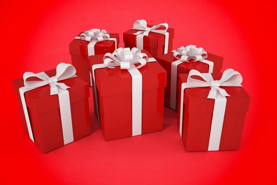 Composite image of red gifts with white bow
