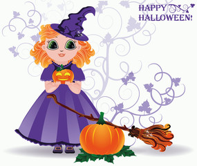 Happy Halloween. Cute little witch and pumpkin card. vector