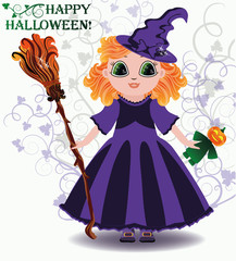 Happy Halloween. Little witch with pumpkin doll. vector