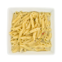 Square bowl of cooked pasta serving
