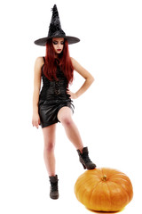 portrait of a charming red-haired witch holding pumpkin . Hallow