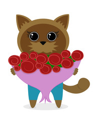 Cute kitten with a bouquet of roses