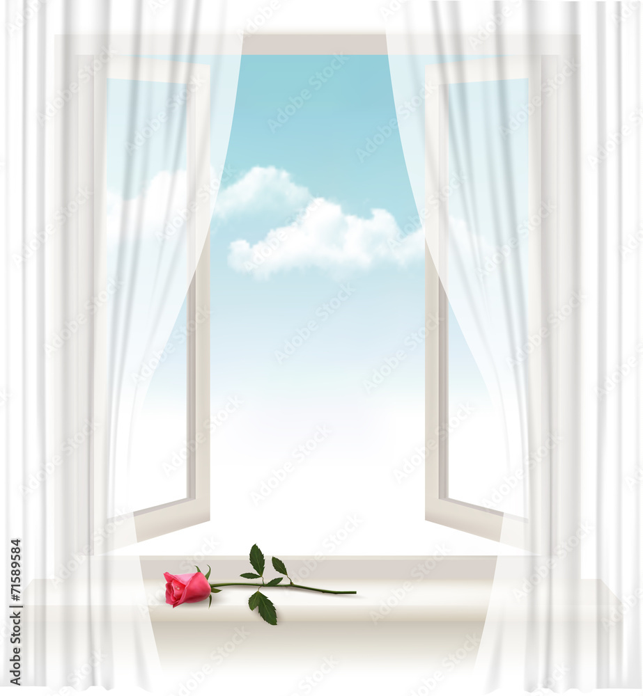 Leinwandbilder Background with an open window and a red flower. Vector.