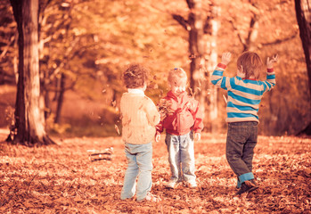 Fototapeta premium dzieci bawiące się opadłymi liśćmi w lesie
