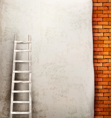 Vintage brick wall background with wooden ladder. Vector