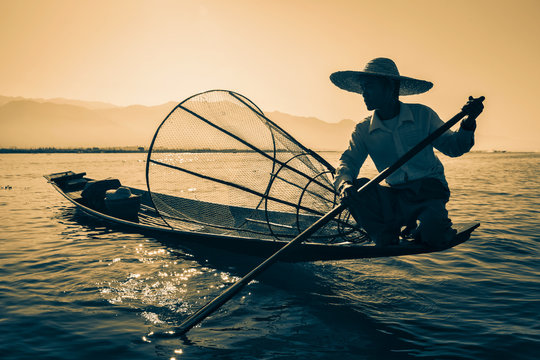 Burmese fisherman at Inle lake, Myanmar