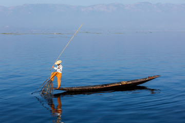 Burmese fisherman at Inle lake, Myanmar