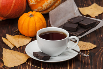 Autumn Concept. Cup Of Tea Or Coffee. Dried Fruits. Pumpkins. Da