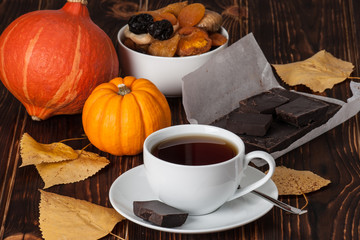 Autumn Concept. Cup Of Tea Or Coffee. Dried Fruits. Pumpkins. Da