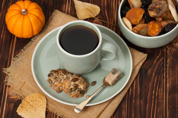Autumn Concept. Cup Of Tea Or Coffee. Dried Fruits. Cookies With