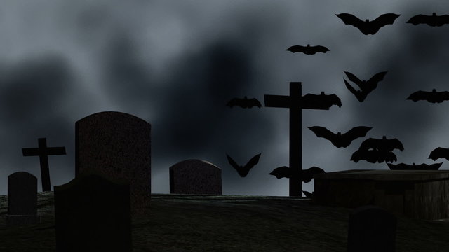 Night cemetery with  graves and bats. Halloween.