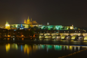 Prague Castle and Charles Bridge at night, Czech Republic
