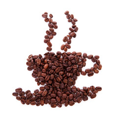 Coffee beans arranged into a shape of cup with steam