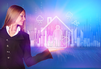 Business woman holding the hand icon on home with mother and