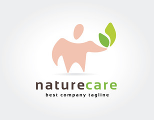 Abstract human holding leaf vector logo icon concept. Logotype