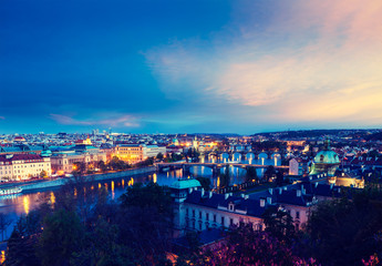 Panoramic view of Prague bridges over Vltava river