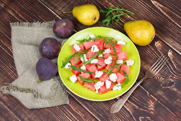 Watermelon, cheese and rocket salad