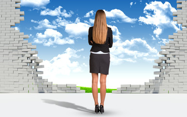 Businesswoman and ruined brick wall with nature landscape